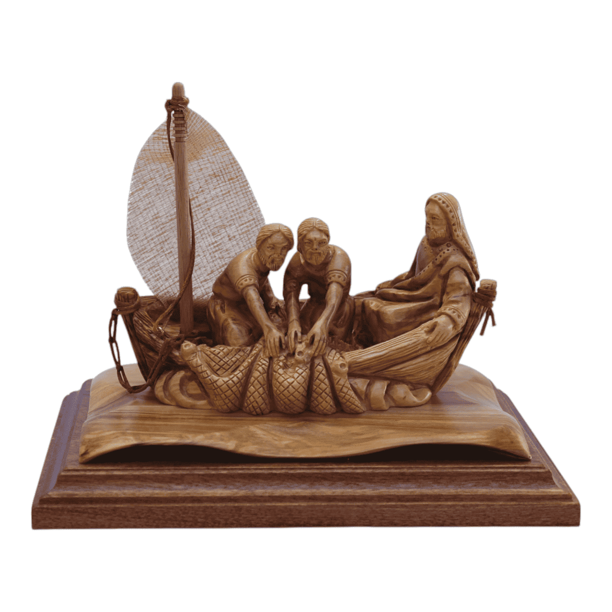 An olive wood carving portraying The Miracles of Jesus Christ: First Miraculous Catch of Fish