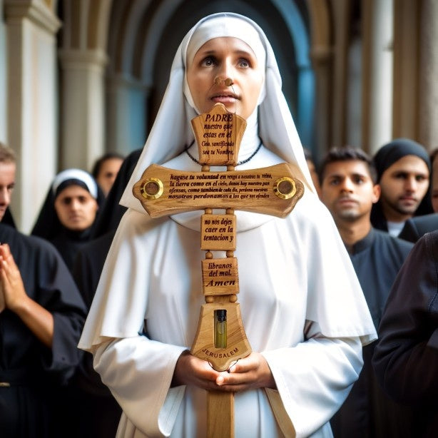 Authentic Olive Wood Cross from the Holy Land: "Our Father" Prayer in Spanish- Padre Nuestro