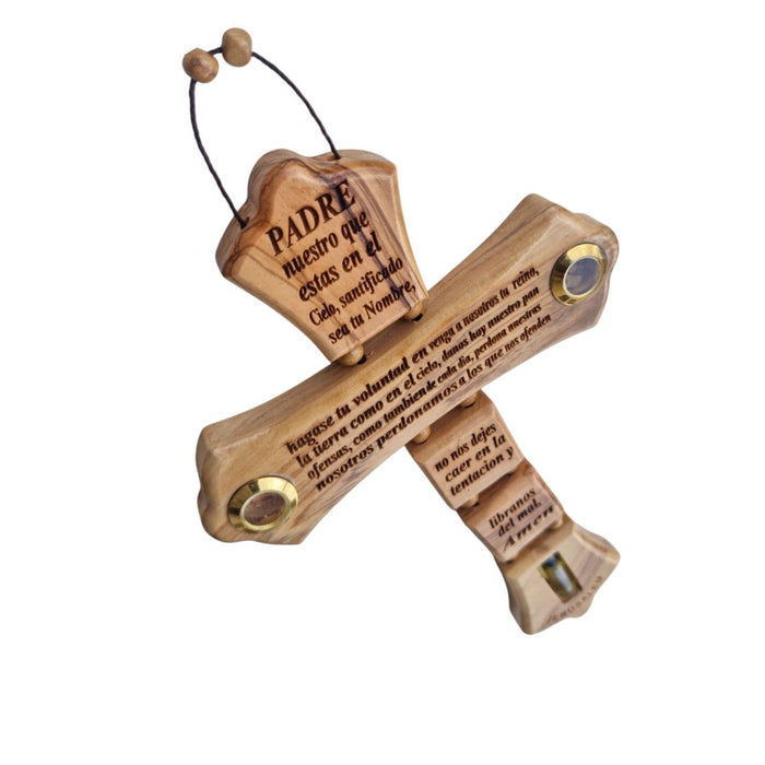 Authentic Olive Wood Cross from the Holy Land: "Our Father" Prayer in Spanish- Padre Nuestro