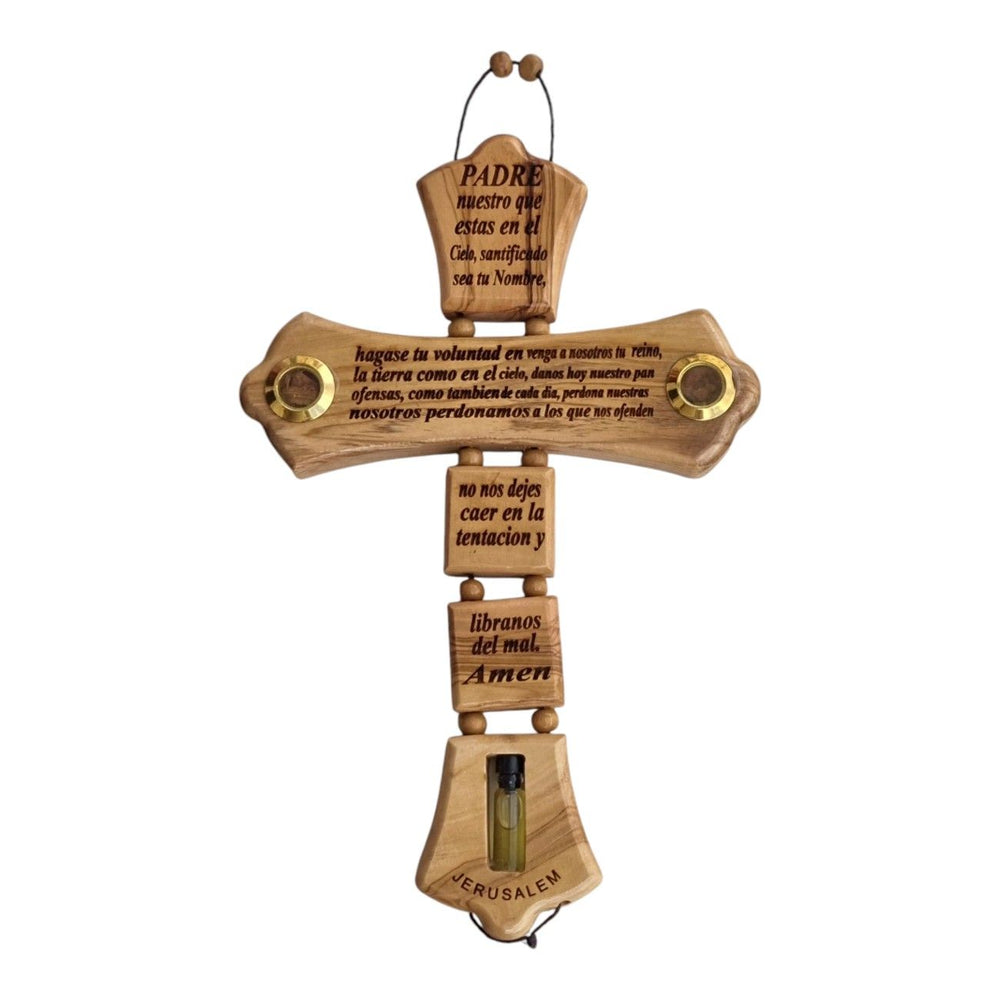 Authentic Olive Wood Cross from the Holy Land: "Our Father" Prayer in Spanish- Padre Nuestro