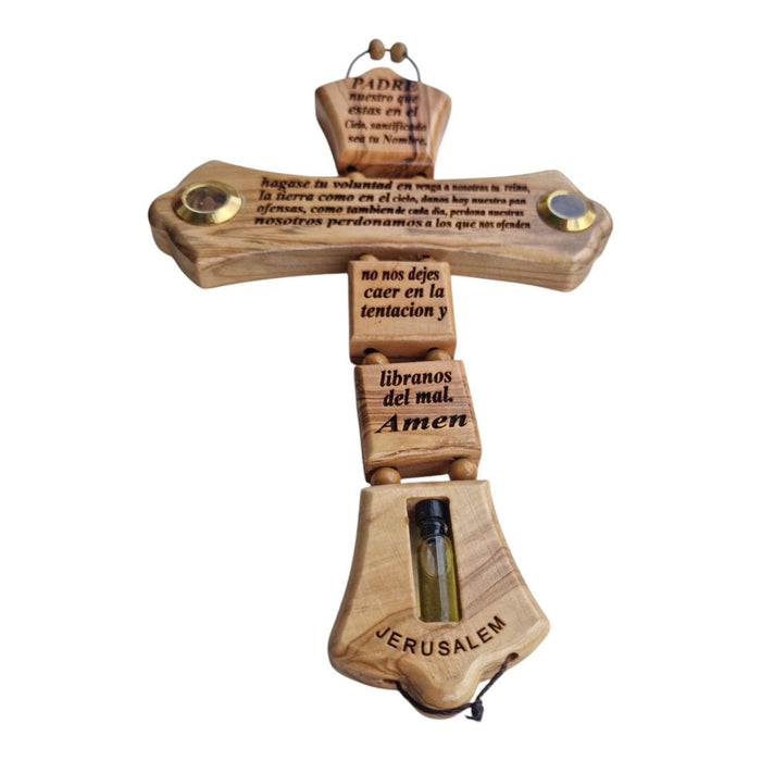 Authentic Olive Wood Cross from the Holy Land: "Our Father" Prayer in Spanish- Padre Nuestro