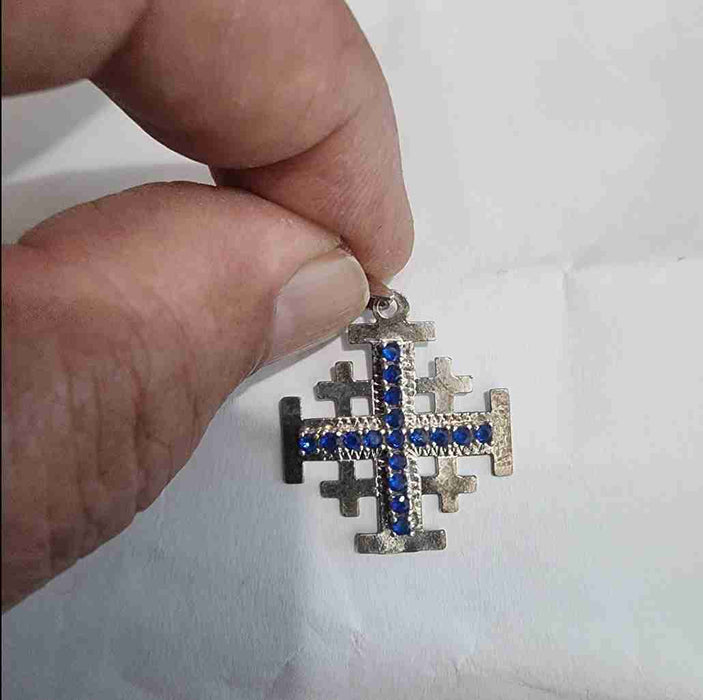 Blue Saphire Sterling Silver Jerusalem Cross