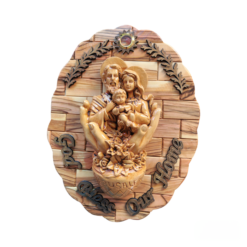 Divine Embrace -3D Handcrafted Holy Family Plaque with Olivewood and Holyland Relics