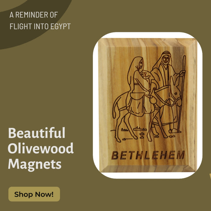 Olive Wood Magnet with Laser-Carved Flight into Egypt Scene