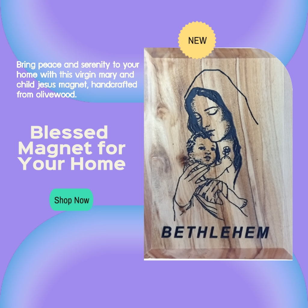 Bethlehem Olivenholz-Kunstmagnet mit Jungfrau Maria und Jesuskind