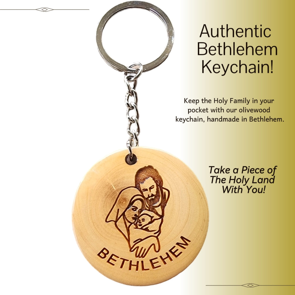 Holy Family Round Olive Wood Keychain - Bethlehem