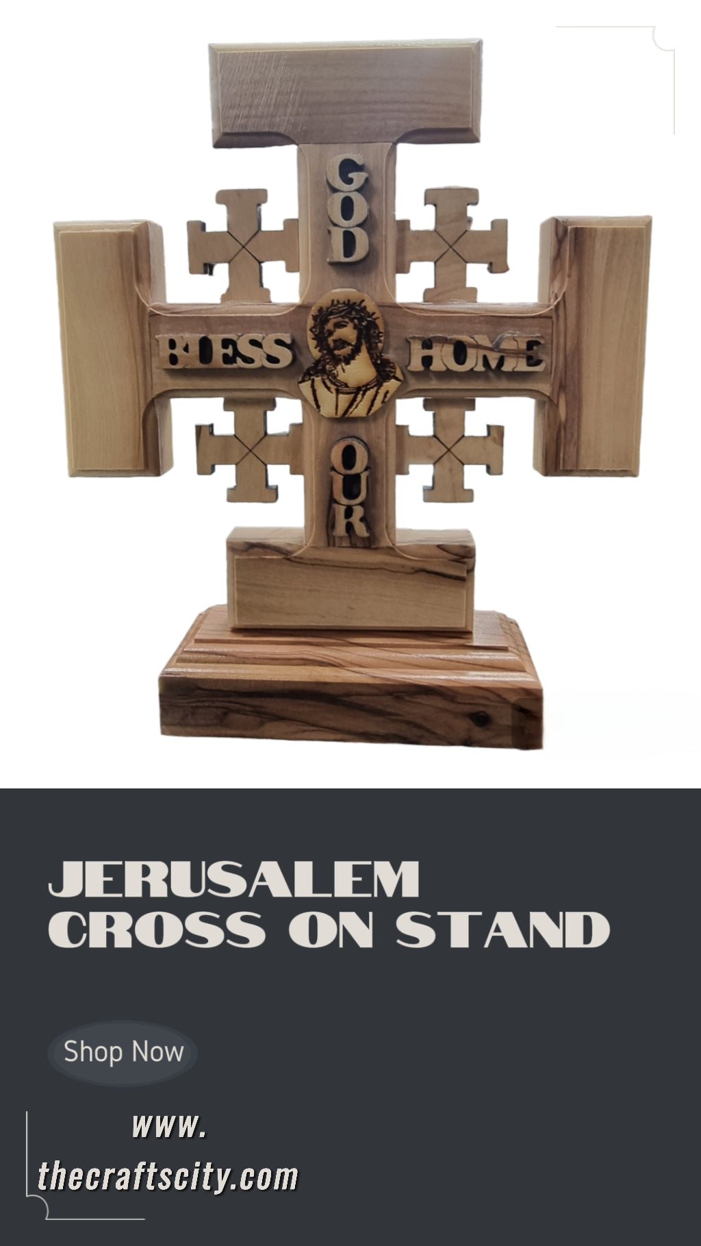 Cruz de Jerusalén de Belén de madera de olivo hecha a mano con "Dios bendiga nuestro hogar" (17,5 cm de alto x 15,5 cm de ancho)