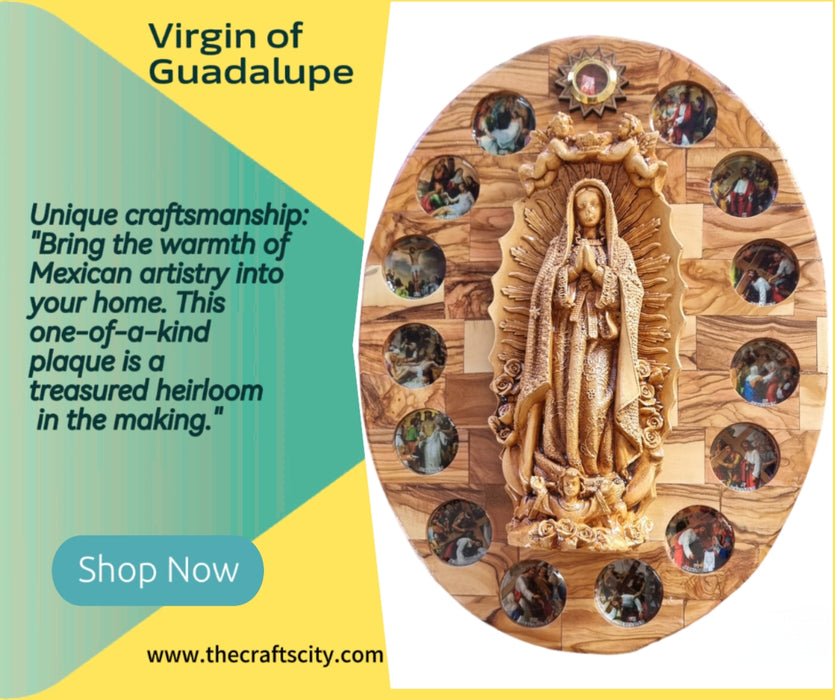 Divine Radiance: Virgin of Guadalupe Oval Wall Plaque- Olivewwod & Plaster