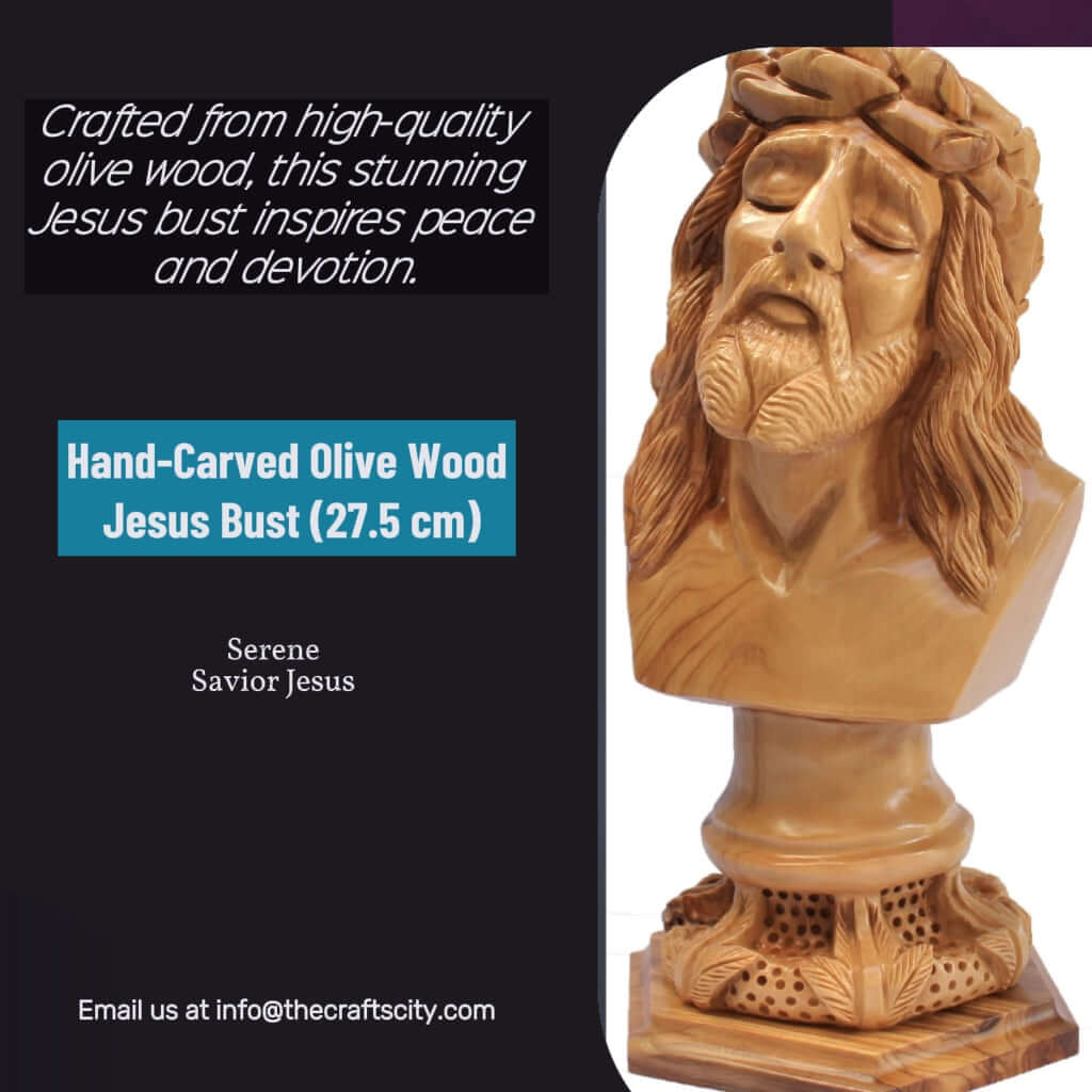 Busto de Jesus Cristo em madeira de oliveira entalhada à mão - 27,5 cm