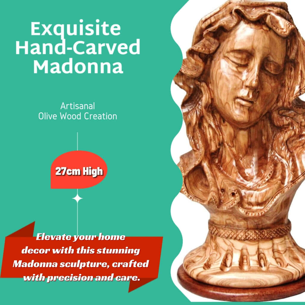 Beleza serena: Busto de Madonna esculpido à mão em madeira de oliveira de 27 cm - Detalhes requintados