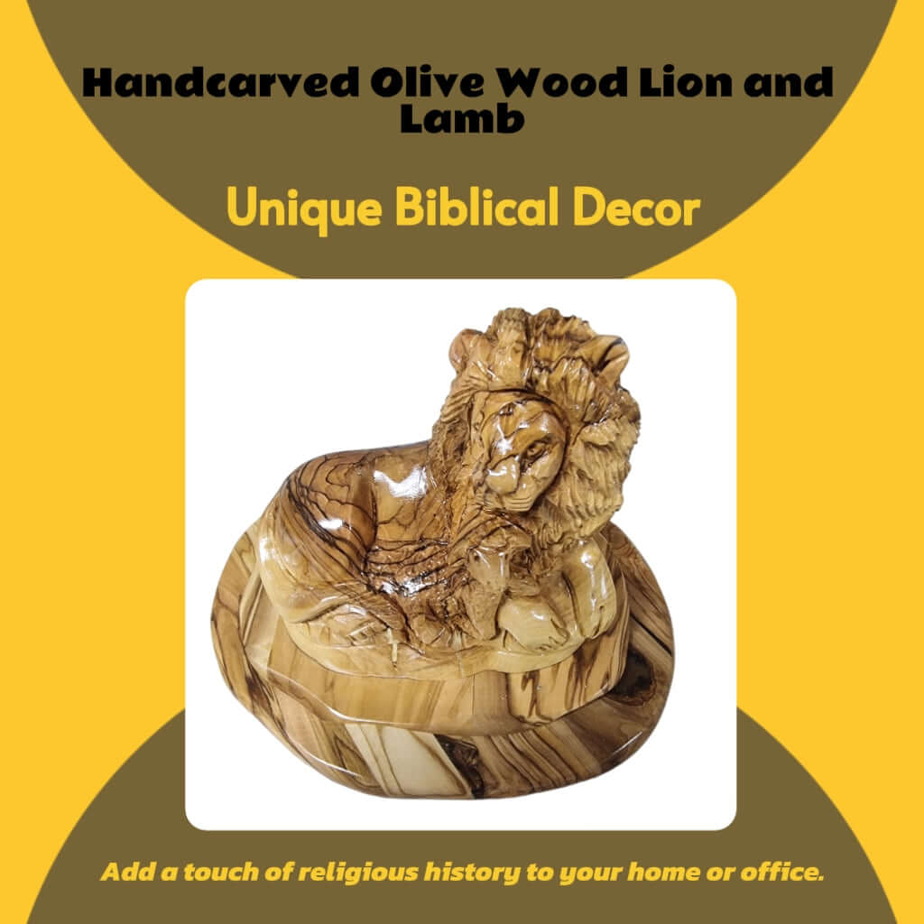 Symbol of Harmony: Hand-Carved Olive Wood Lion and Lamb Statue