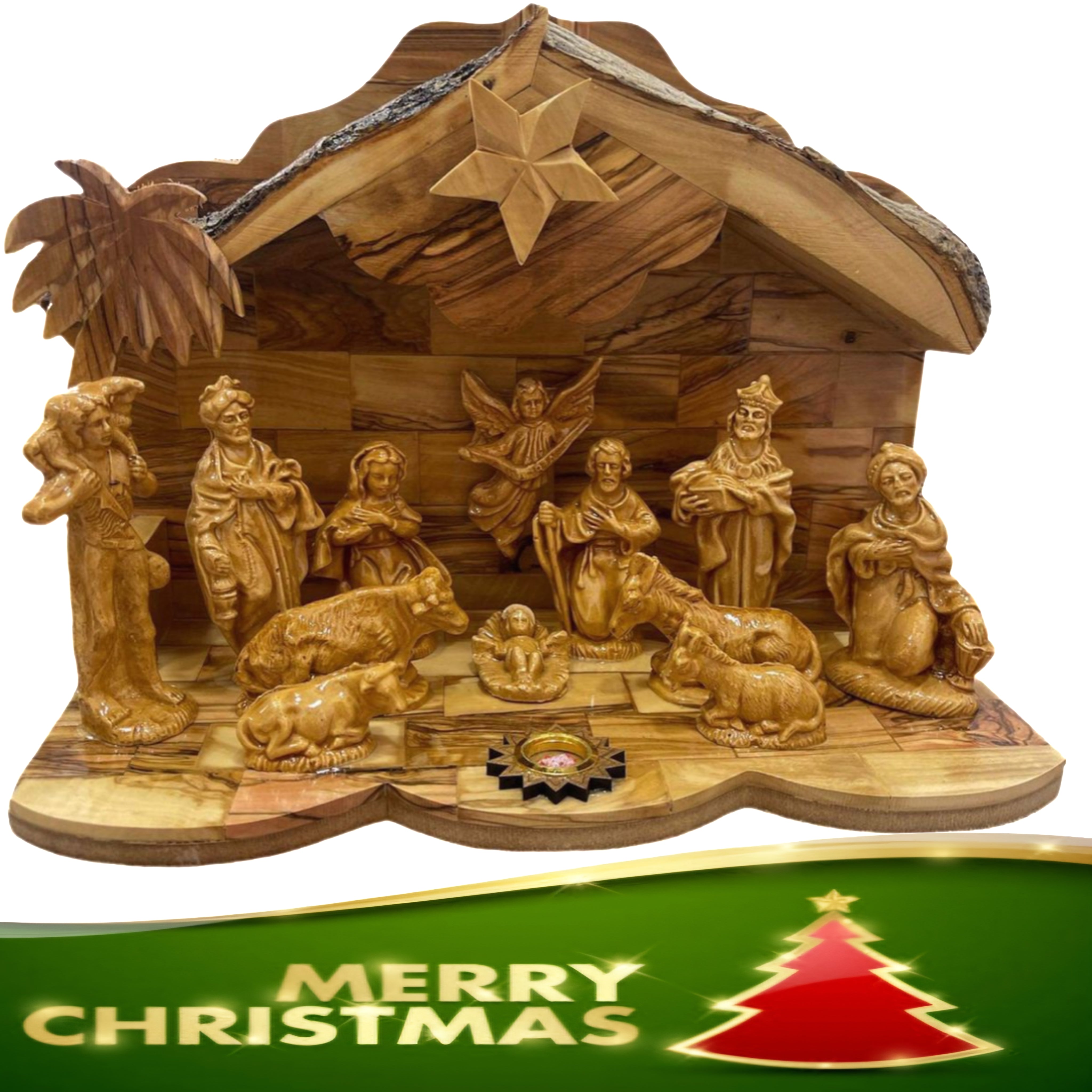 Musical Olivewood Nativity Set with Natural Olive Branch Roof