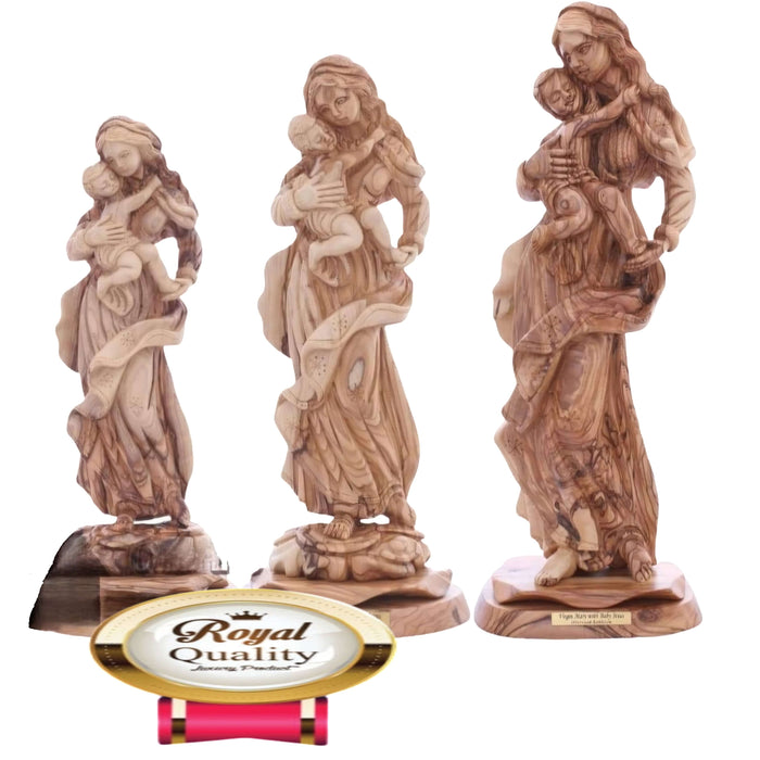 Olive Wood Handcarved Virgin Mary Holding Infant Jesus Sculpture