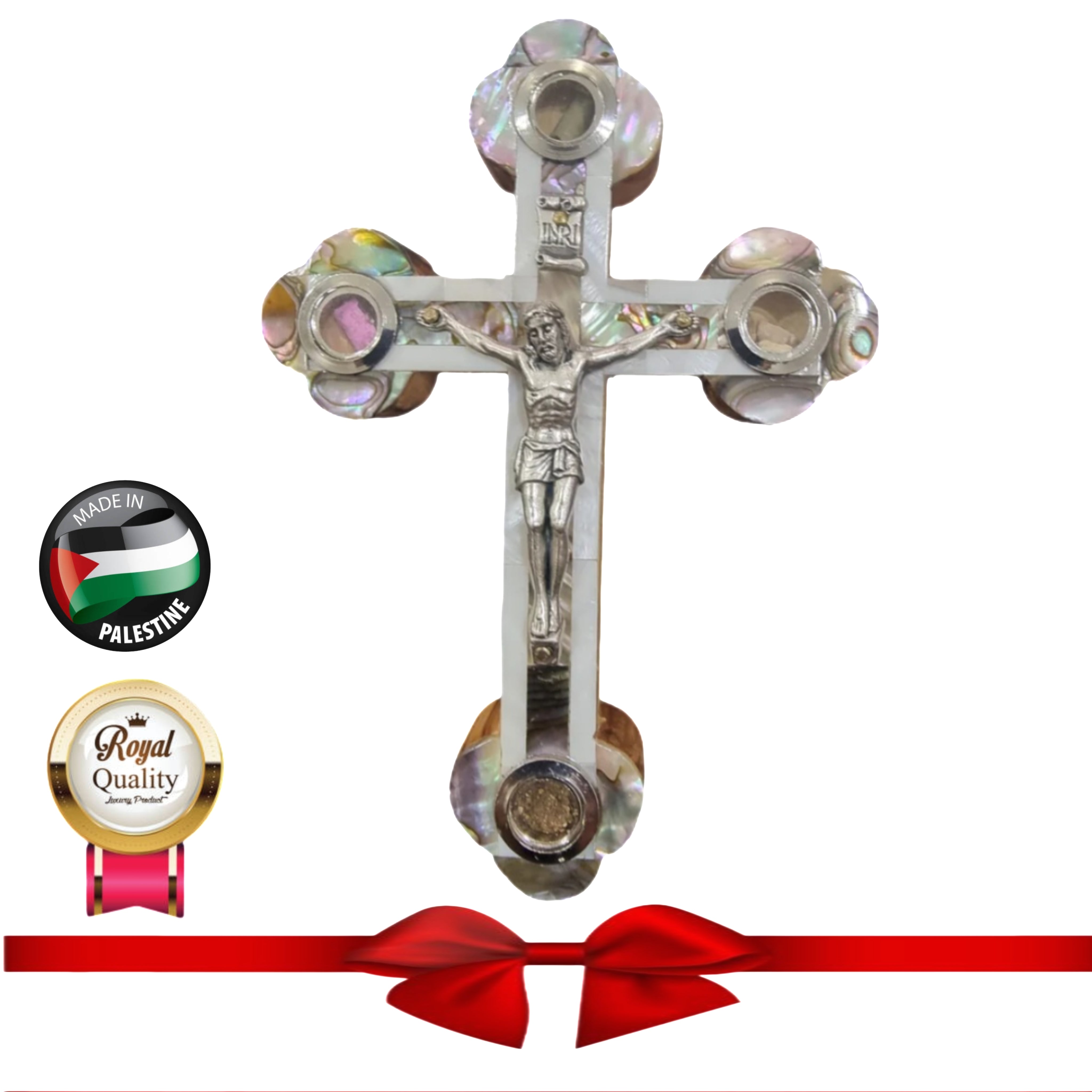 13.5cm Mother-of-Pearl Olive Wood Crucifix with Holy Land Relics