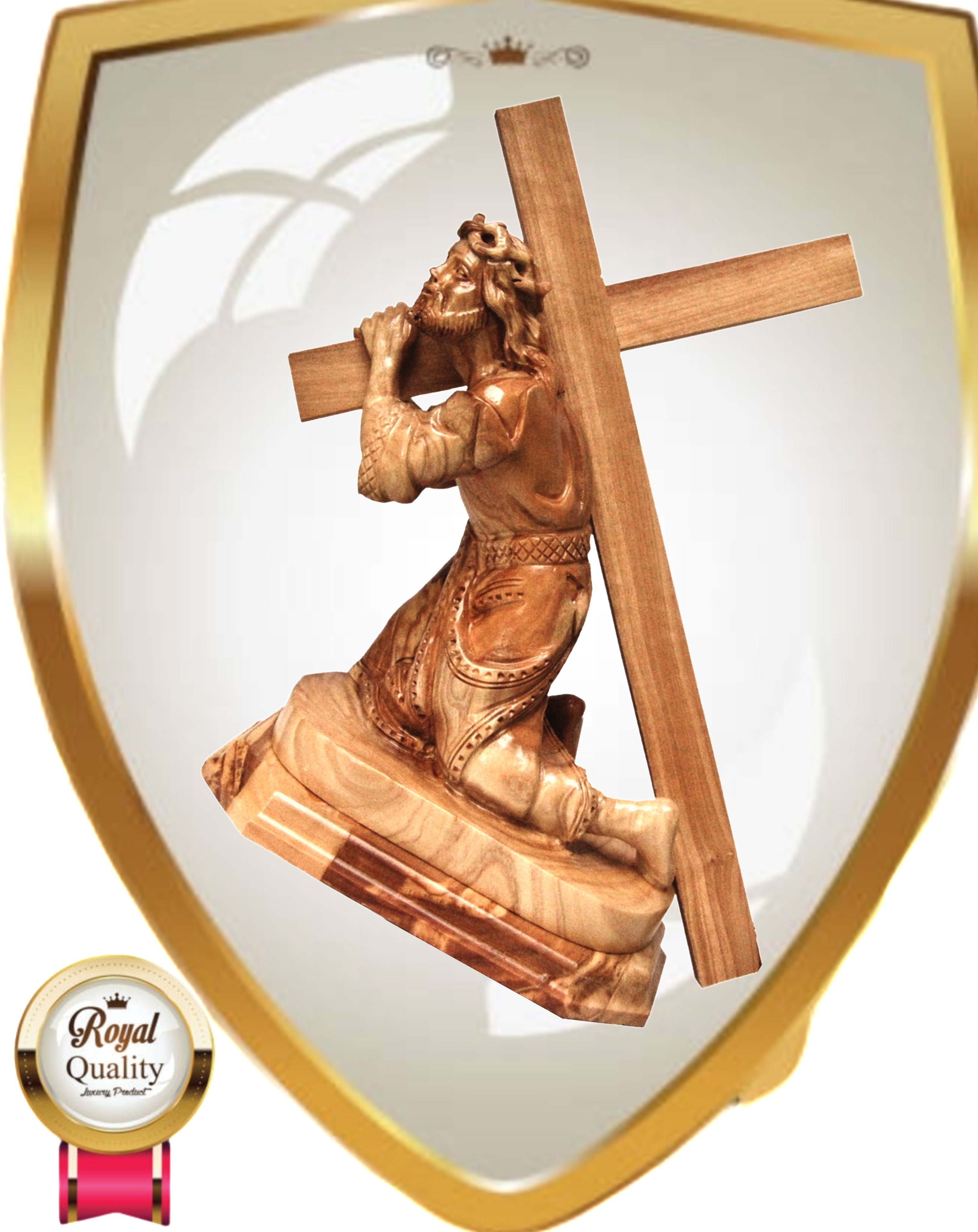 Hand-Carved 20cm Olive Wood Jesus Figure, Falling Under the Weight of the Cross