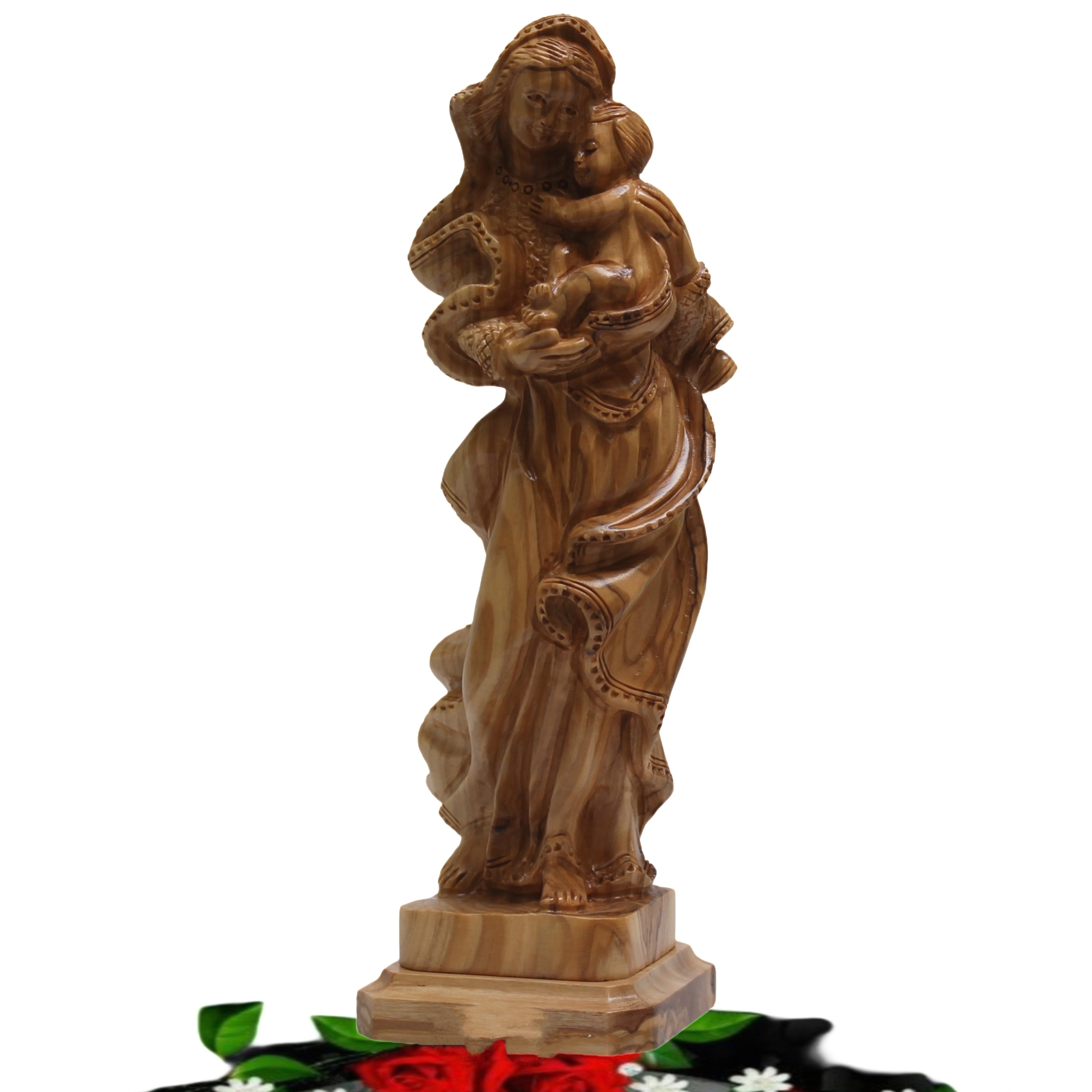 26cm Hand Carved Olive Wood Statue of the Virgin Mary Holding Baby Jesus in Her Arms