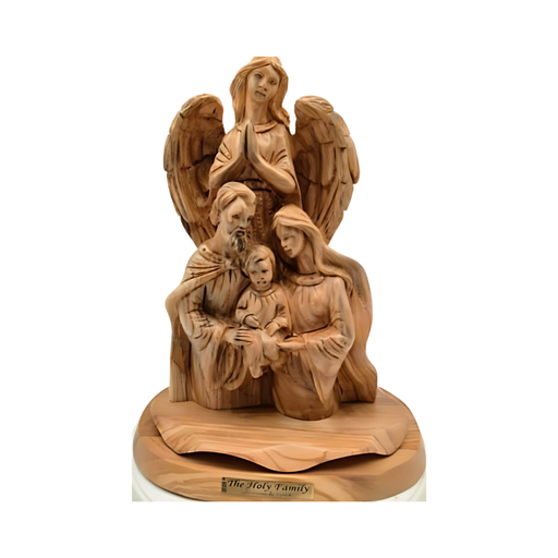 Hand-Carved Olive Wood Statue of the Holy Family with Angel