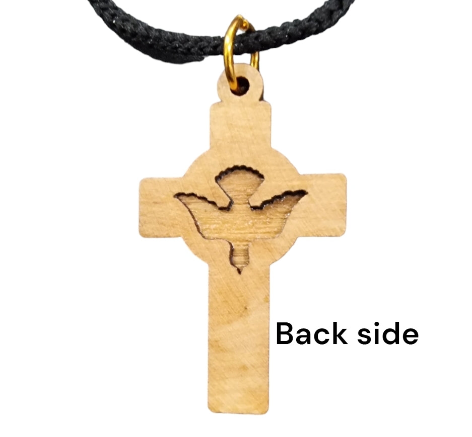 the back side of Holy Spirit Olive Wood Wooden Cross