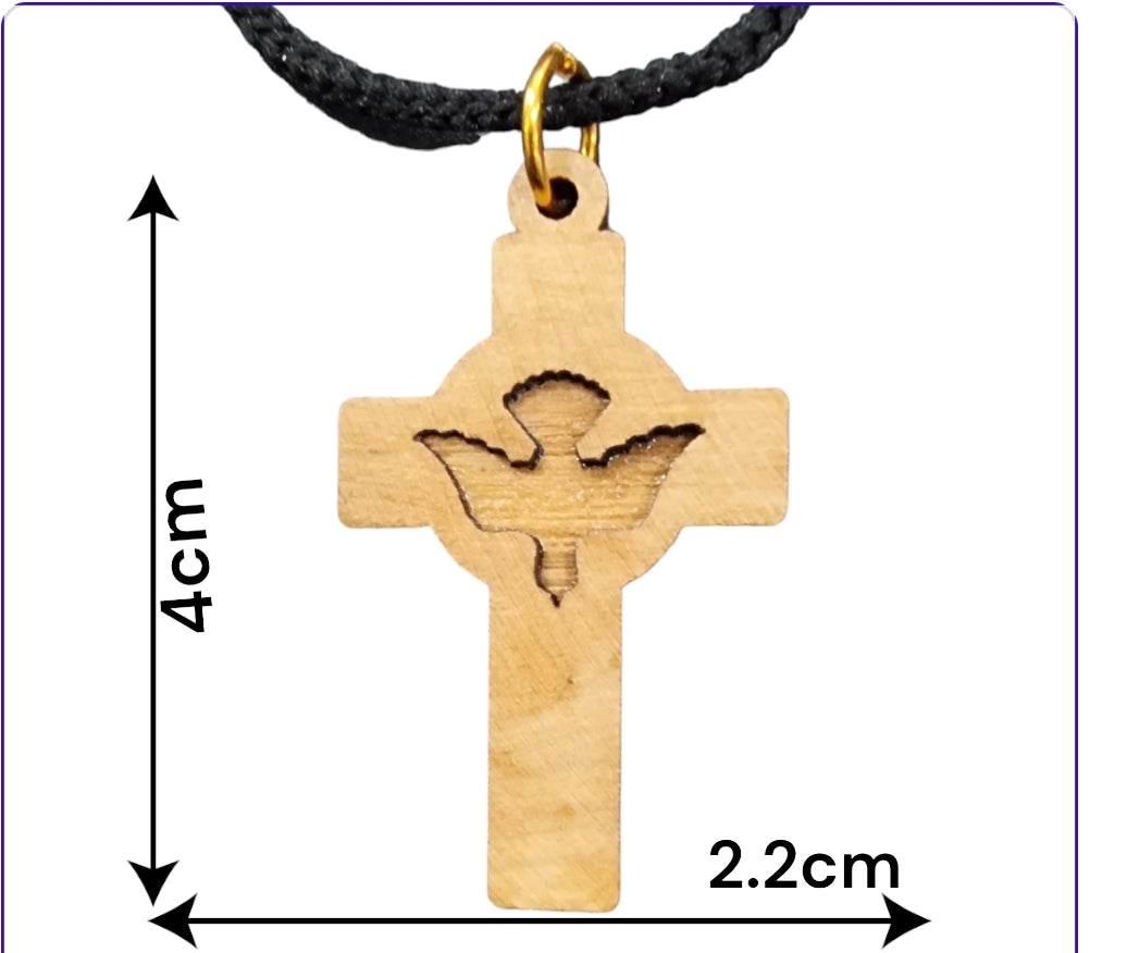 size view of Holy Spirit Olive Wood Wooden Cross which is 4cm X 2.2cm