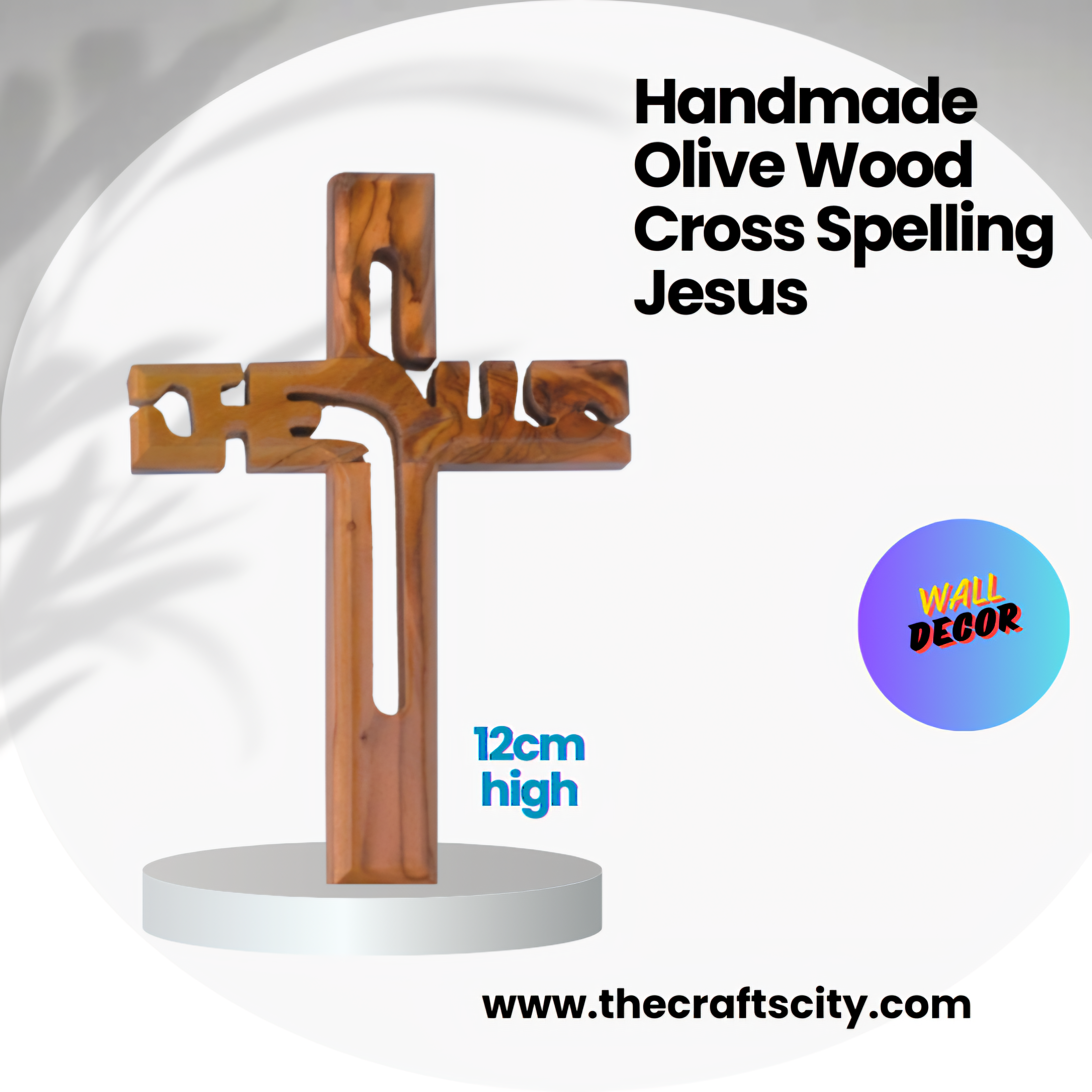 Handmade Olive Wood Cross Spelling Jesus Wall Decor