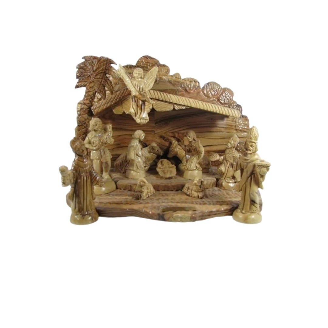 This image contain wooden carved nativity scene from Bethlehem. It is used to indicates this button leads to a collection of Nativity Scence-themed wooden craftsmanships