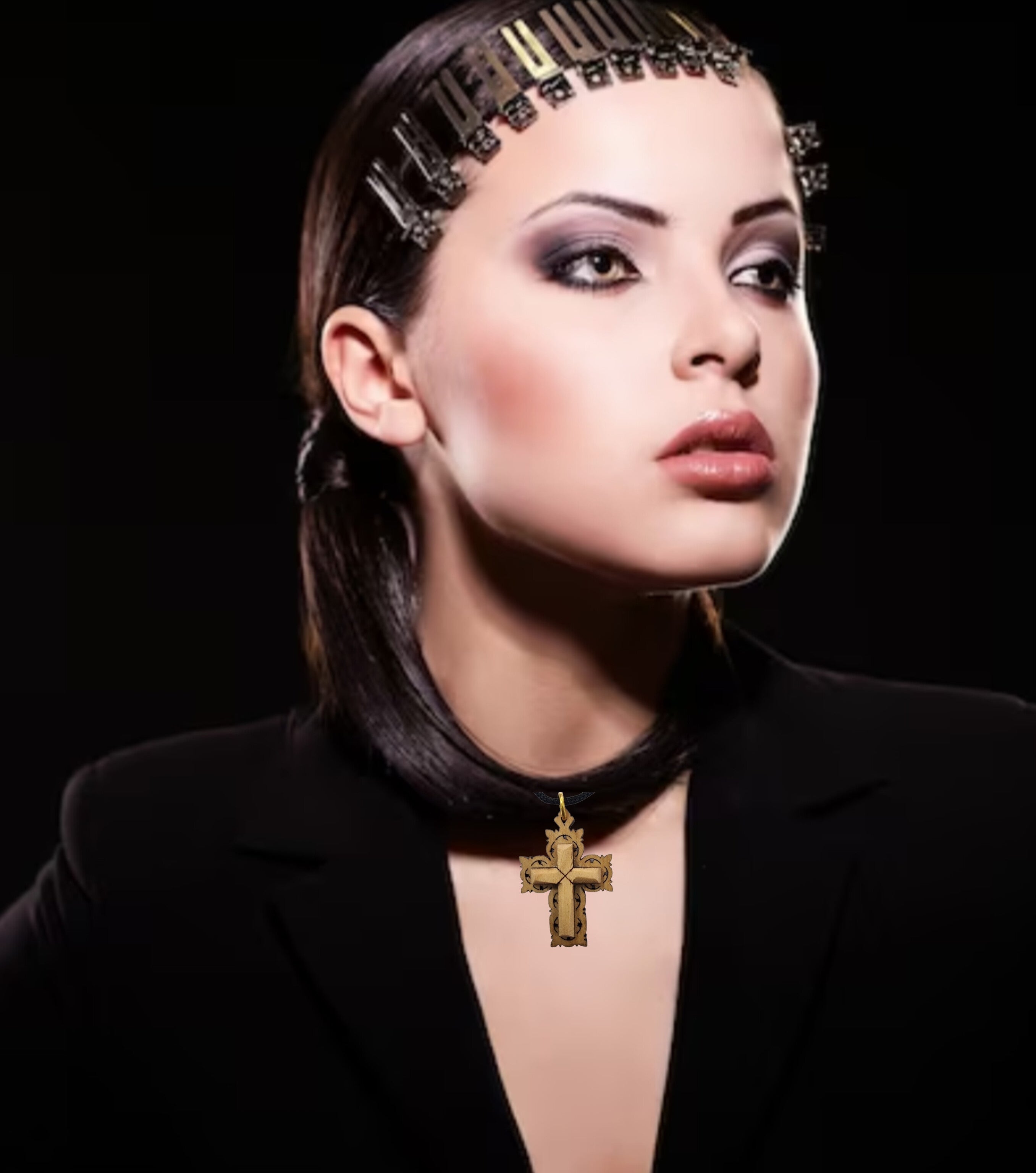 a woman wears Olive Wood Cross Necklace on Black Cord