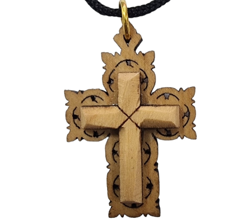 Olive Wood Cross Necklace on Black Cord