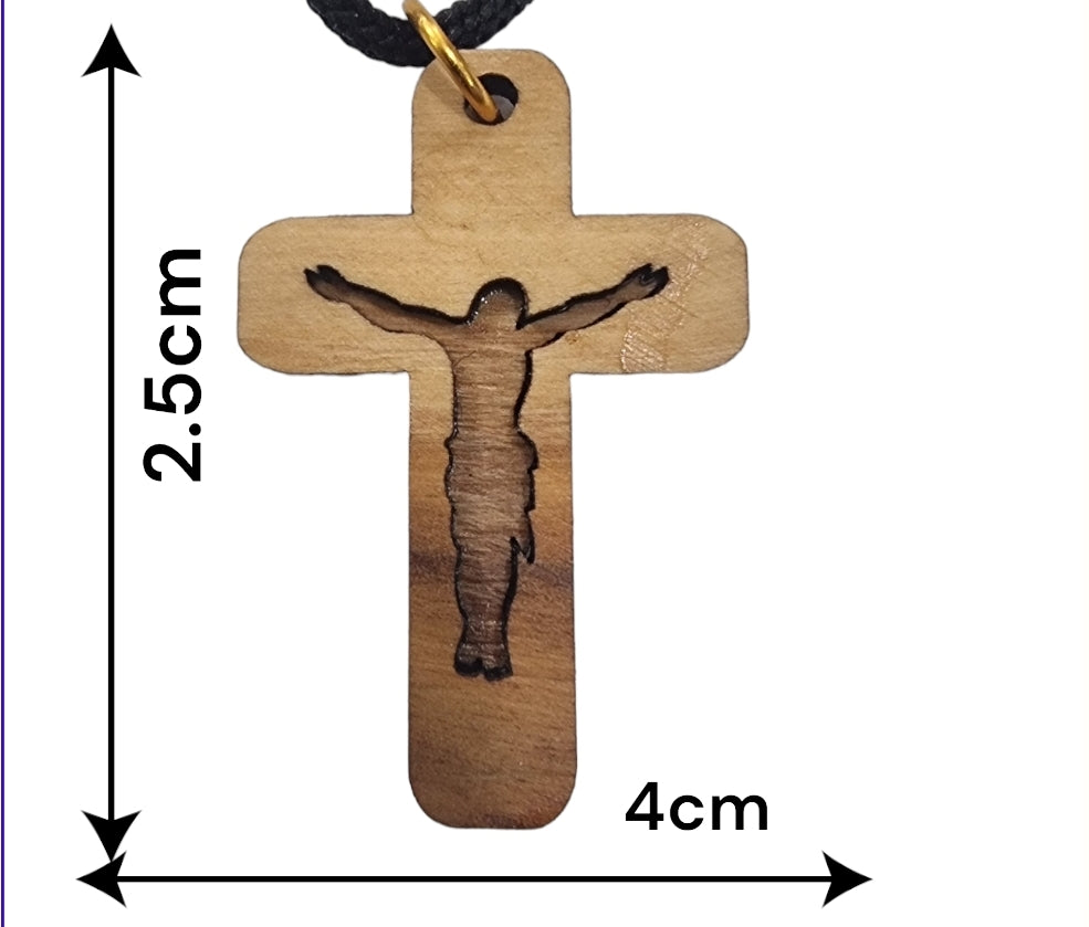 Size of Olive Wood Crucifix Pendant with Black Cord