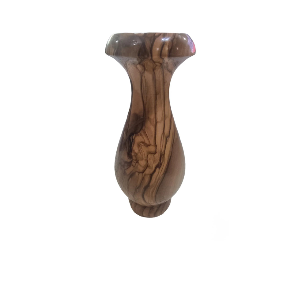 This image shows a vintage vase made from olive wood 