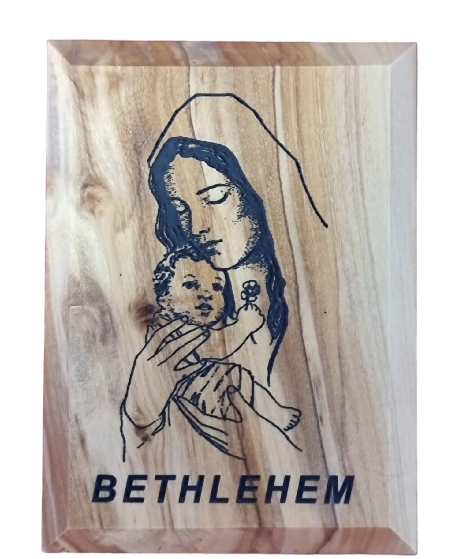 Bethlehem Olivenholz-Kunstmagnet mit Jungfrau Maria und Jesuskind