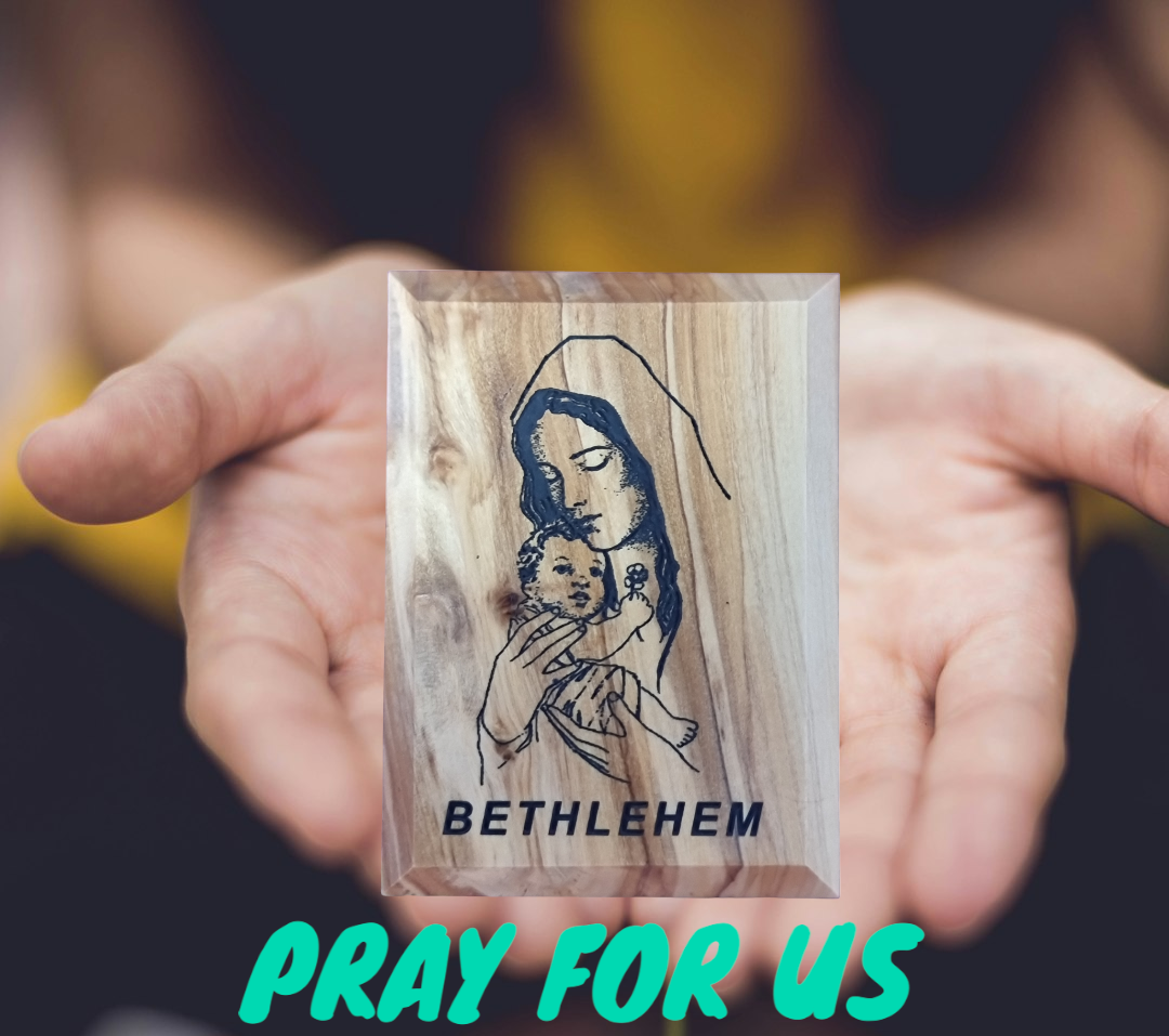 Ímã de arte Bethlehem Olivewood com Virgem Maria e Menino Jesus