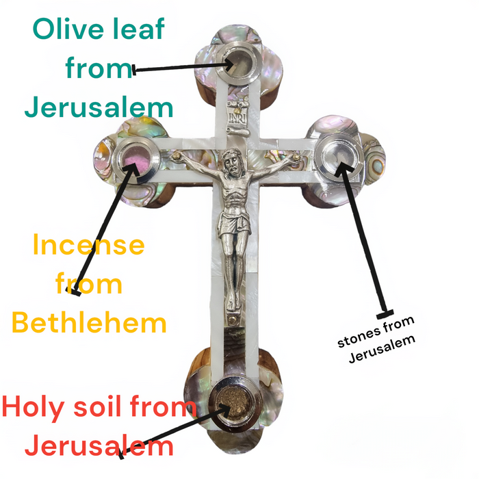 13.5cm Mother-of-Pearl Olive Wood Crucifix with Holy Land Relics