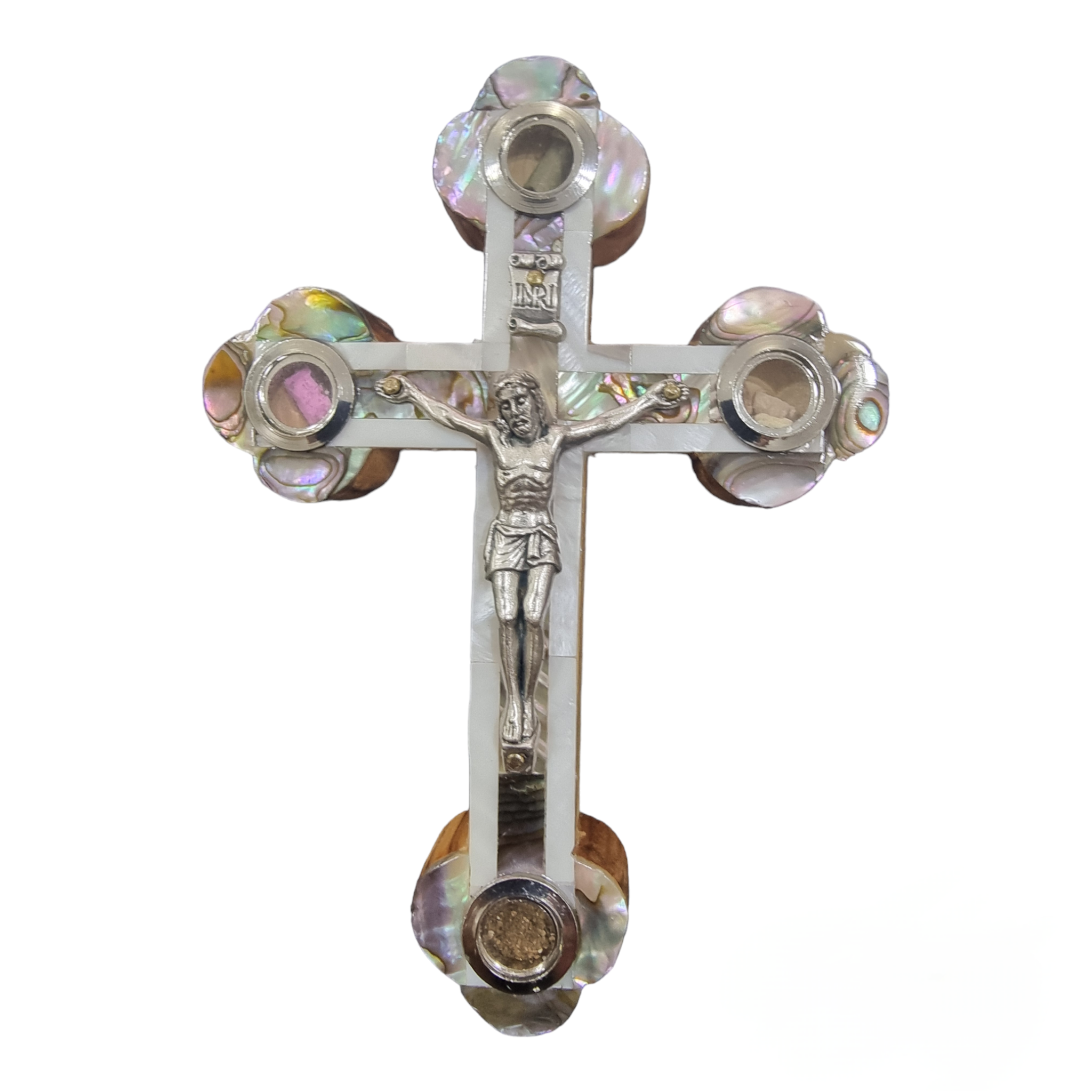 13.5cm Mother-of-Pearl Olive Wood Crucifix with Holy Land Relics