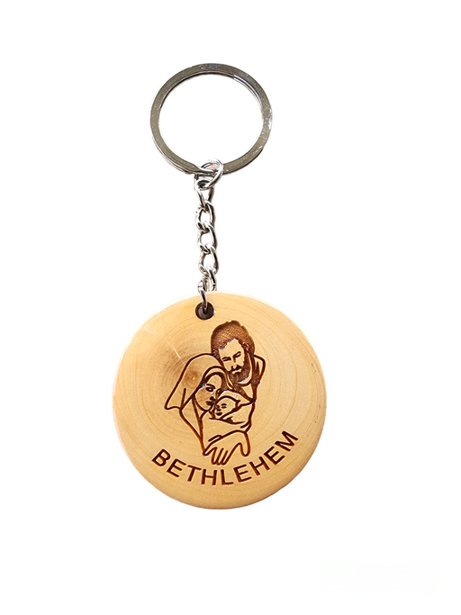 Holy Family Round Olive Wood Keychain - Bethlehem