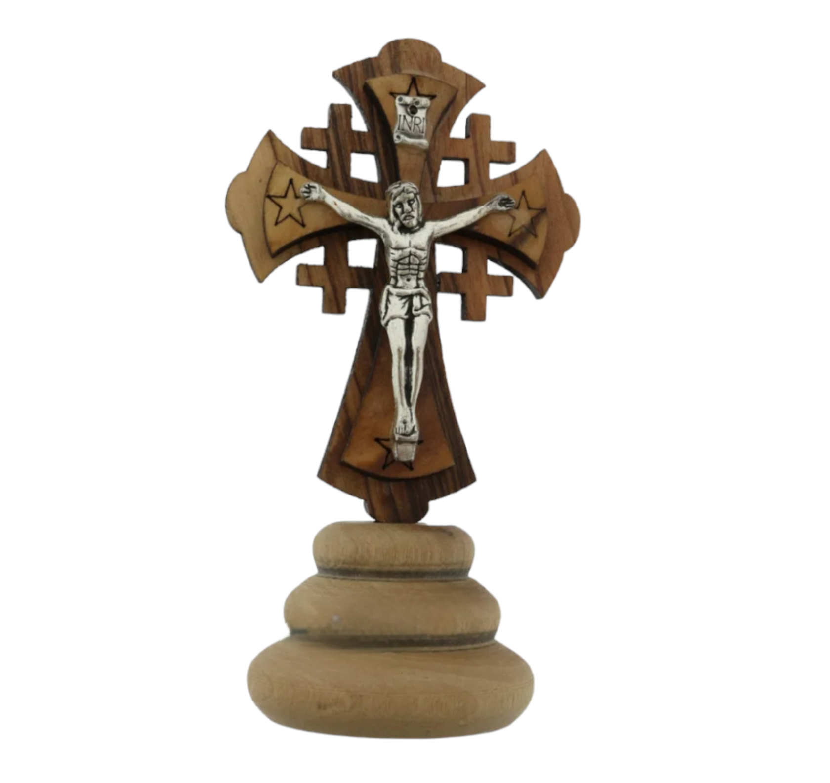 Crucifijo de madera de olivo en miniatura (9 cm) con cuerpo de peltre sobre pedestal redondo