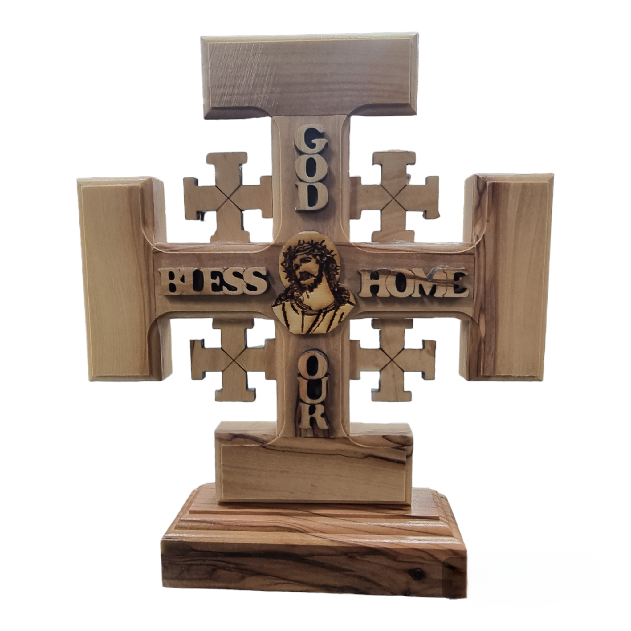 Cruz de Jerusalém de Belém Olivewood feita à mão com "Deus abençoe nosso lar" (17,5 cm de altura x 15,5 cm de largura)