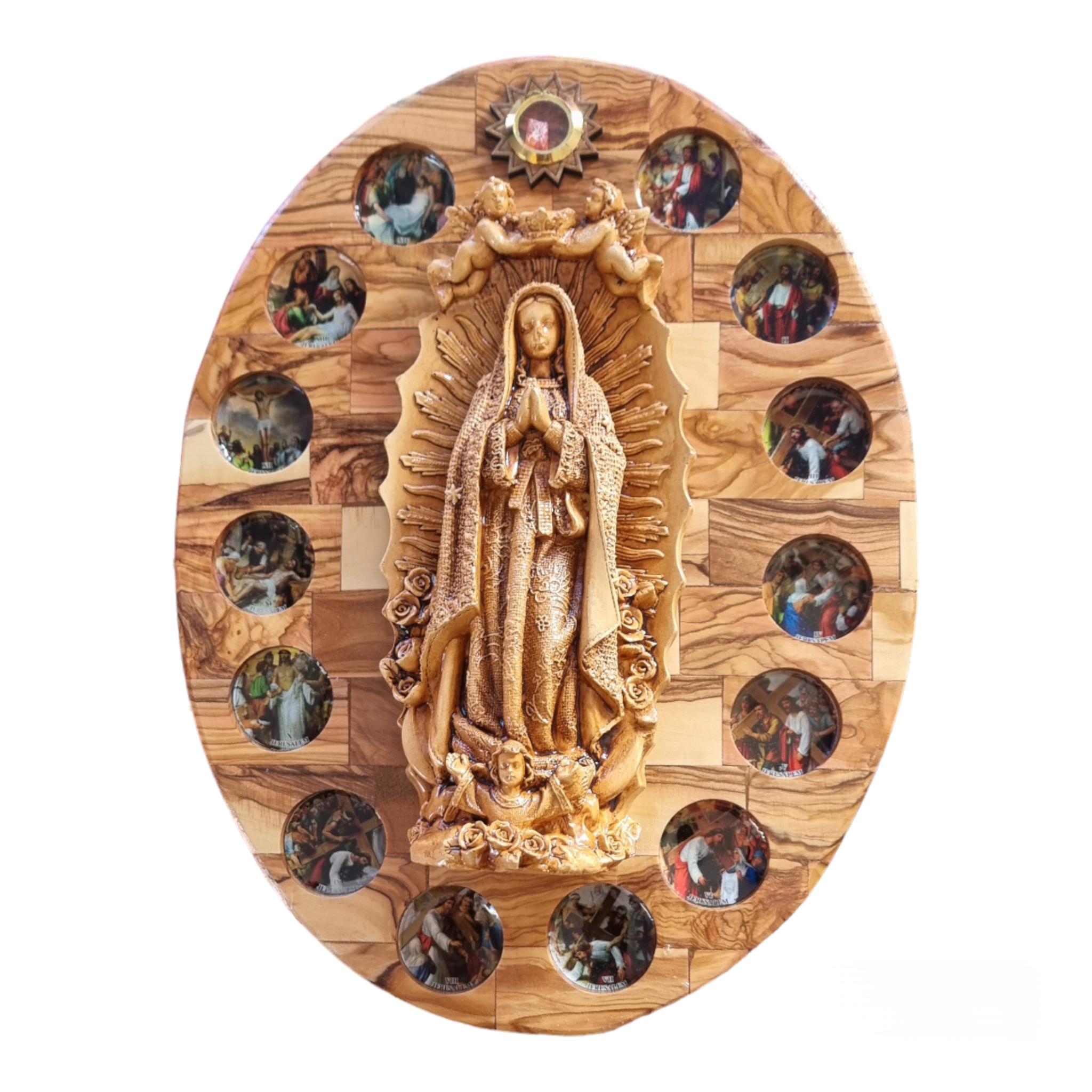 Resplandor Divino: Placa de pared ovalada de la Virgen de Guadalupe - Olivewwod &amp; Plaster