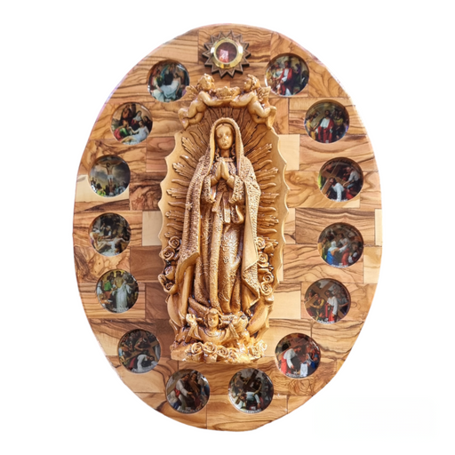 Divine Radiance: Virgin of Guadalupe Oval Wall Plaque- Olivewwod & Plaster