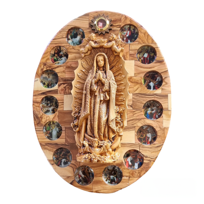 Divine Radiance: Virgin of Guadalupe Oval Wall Plaque- Olivewwod & Plaster