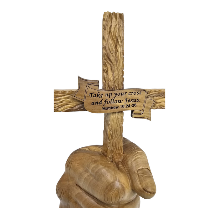 Hand-Carved Olive Wood Cross Held by Hand - Follow Jesus