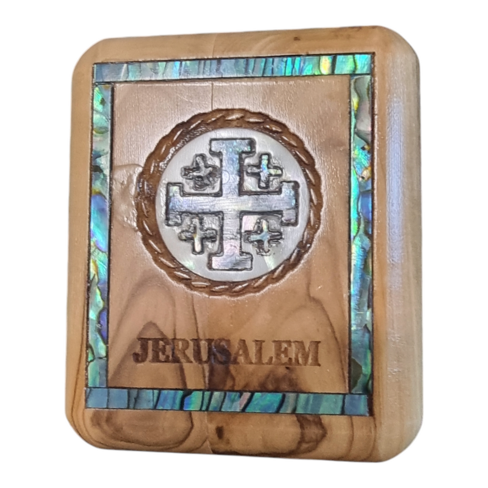 Handmade OLive Wood Rosary Box with Mother of Pearl Jerusalem Cross