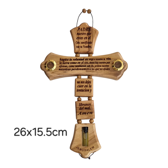 Authentic Olive Wood Cross from the Holy Land: "Our Father" Prayer in Spanish- Padre Nuestro