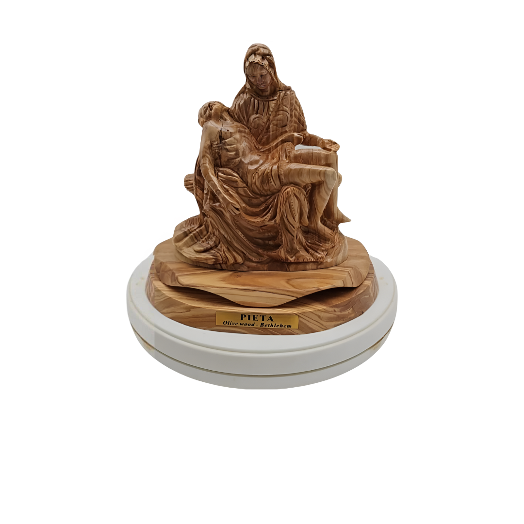 a wooden carved monument of jesus lying on mary's lap, a copy of the Madonna della Pietà by Michelangel. It is used to indicates this button leads to a category of wooden craftsmanship of Mary and Jesus. 