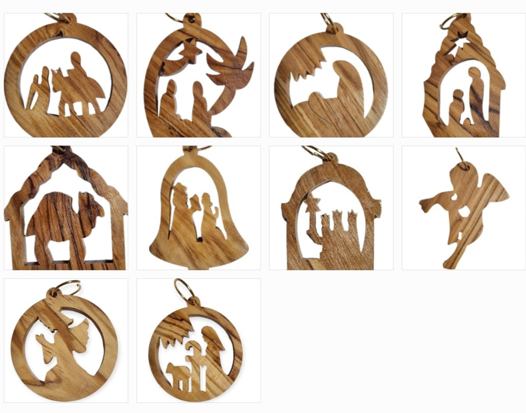 "Divine Olive Wood Christmas Treasures: Set of 10 Ornaments