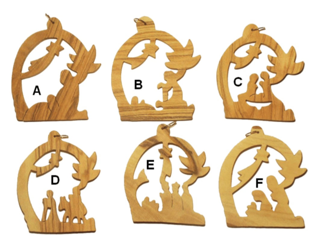 "Rustic Olive Wood Christmas Ornaments Set: Charming Palm Tree and Star Designs (Pack of 6)"