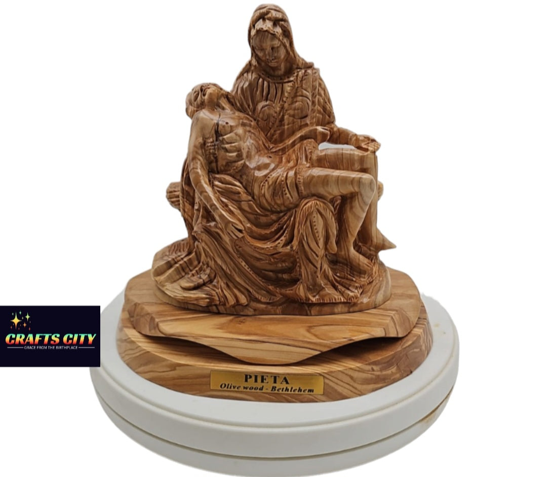 "Sacred Embrace: Olive Wood Hand-Carved Pieta Statue (22cm x 19cm)"