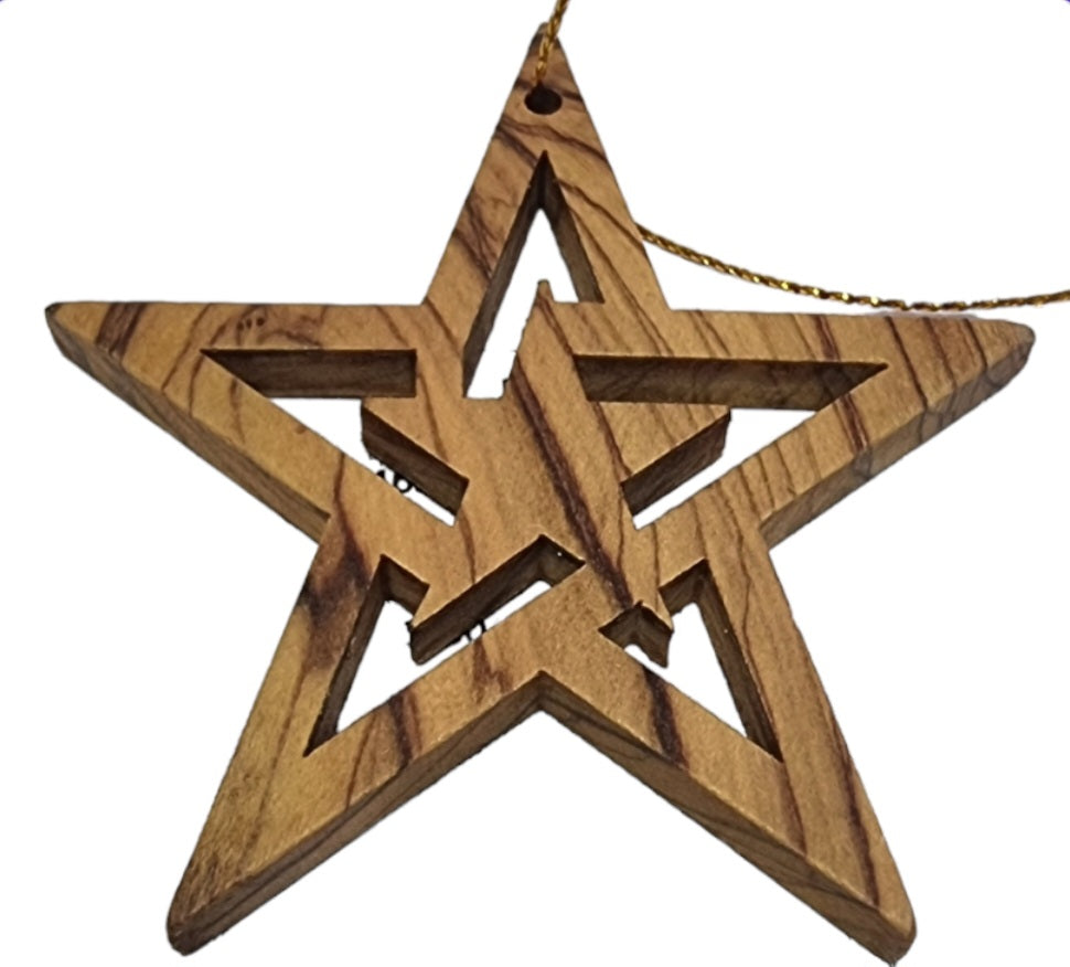 "Handcrafted Olive Wood Pentagram Star of Bethlehem Christmas Tree Ornament"