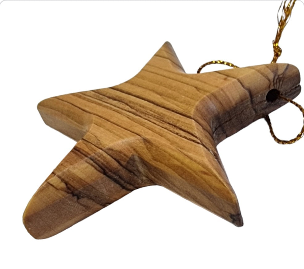 Radiant Olive Glow: Hand-Crafted Olive Wood Christmas Star Ornament (8cm)