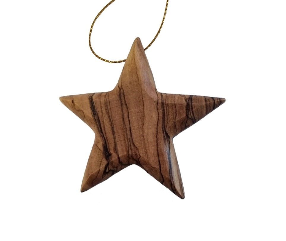 Resplandor divino de Belén: adorno de estrella navideña de madera de olivo con inscripción láser (7 cm) 