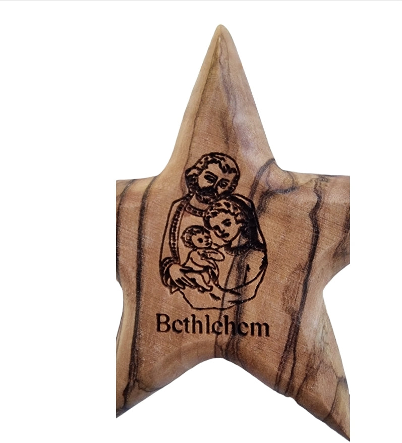 Divine Bethlehem Radiance: Laser-Inscribed Olive Wood Christmas Star Ornament (7cm)